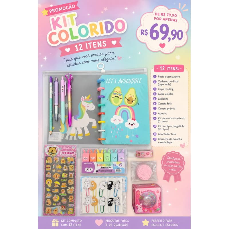 Kit Colorido de Papelaria Fofa 12 Itens | Caderno de Disco + Canetas + Marca-Texto