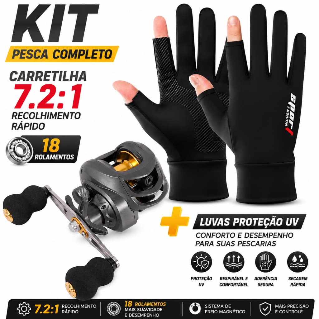 Carretilha Molinete Pesca 7.2:1 18 Rol + Par Luvas Proteção UV Profissional Pescaria Esportiva
