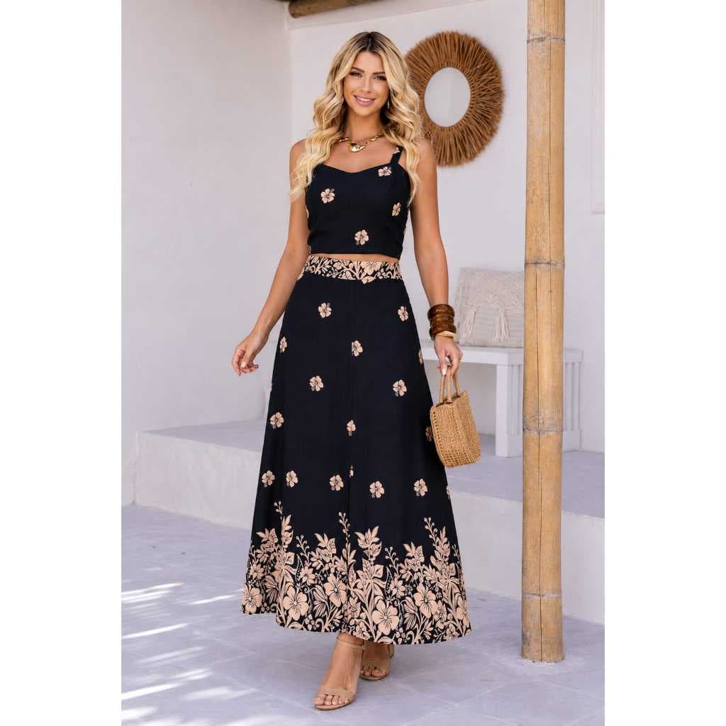 Conjunto Feminino Cropped e Saia Mid Casual Elegante Versátil