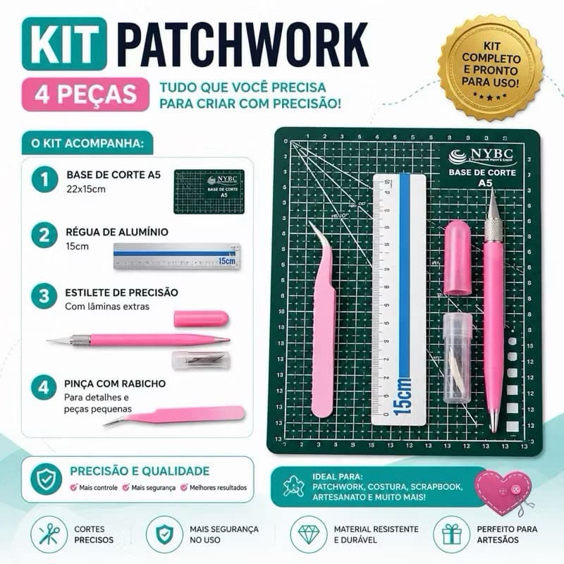 Kit de Corte Patchwork – Base A5, Régua, Estilete e Pinça