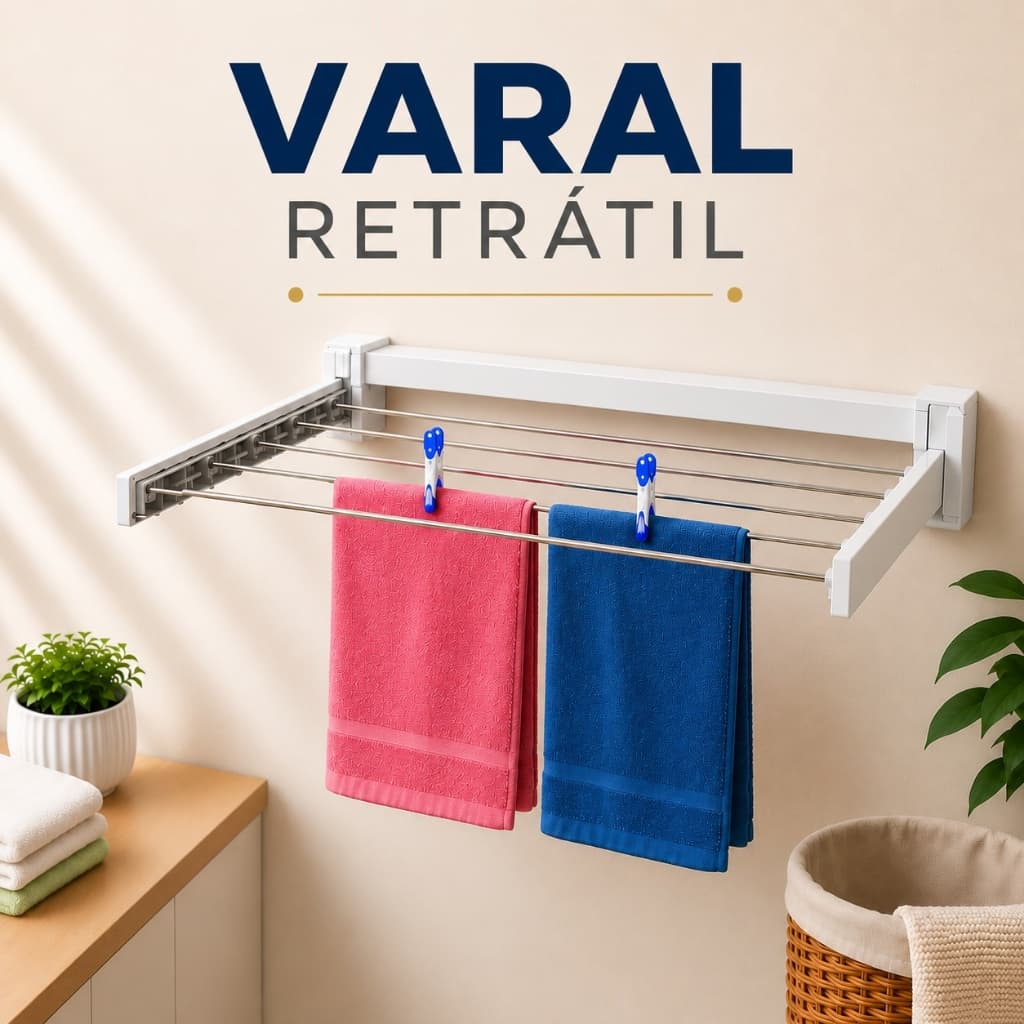Varal Retrátil Dobrável De Parede 5 Varetas Aço Inox 70cm Branco