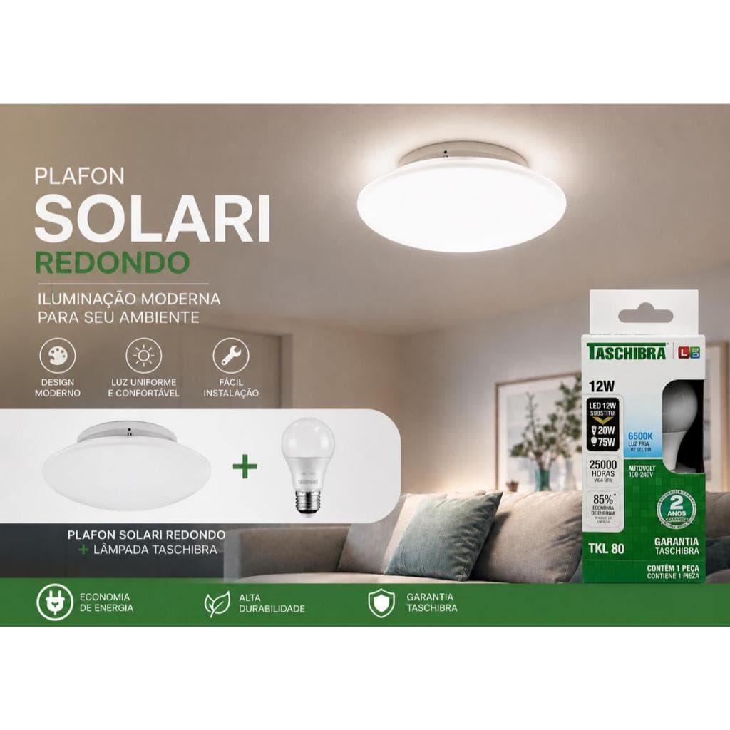 Luminaria de Teto Plafon Solari Redondo com Lâmpada Taschibra Soquete E27