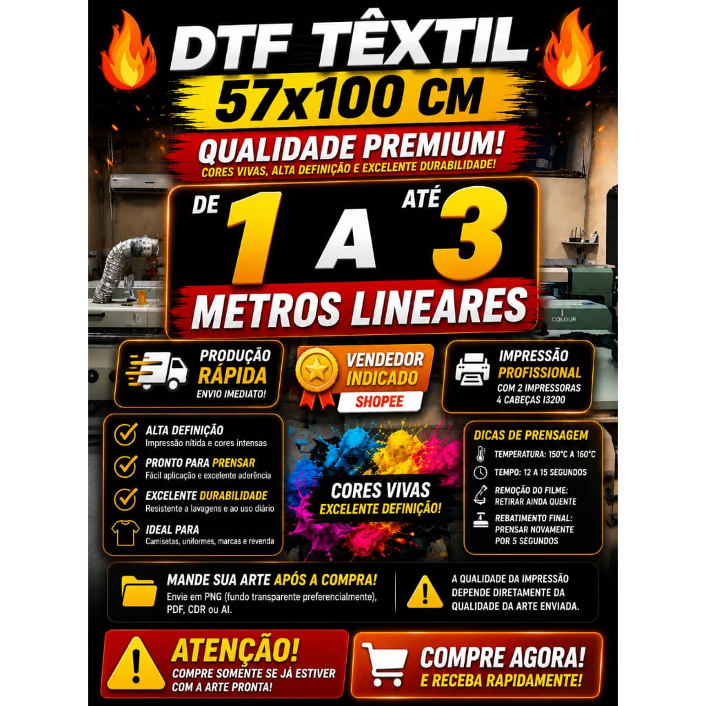DTF Têxtil 57x100 1 Metro Linear Pronto Para Prensar Alta Qualidade