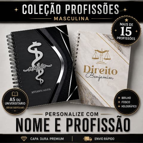 Caderno Personalizado Masculino Profissão A5 Universitário Kit Presente Faculdade Nome