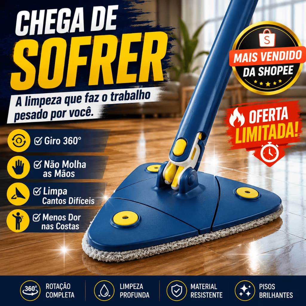 Mop Giratório 360° Triangular Limpeza Fácil Sem Molhar as Mãos Limpa Cantos Cabo Ergonômico