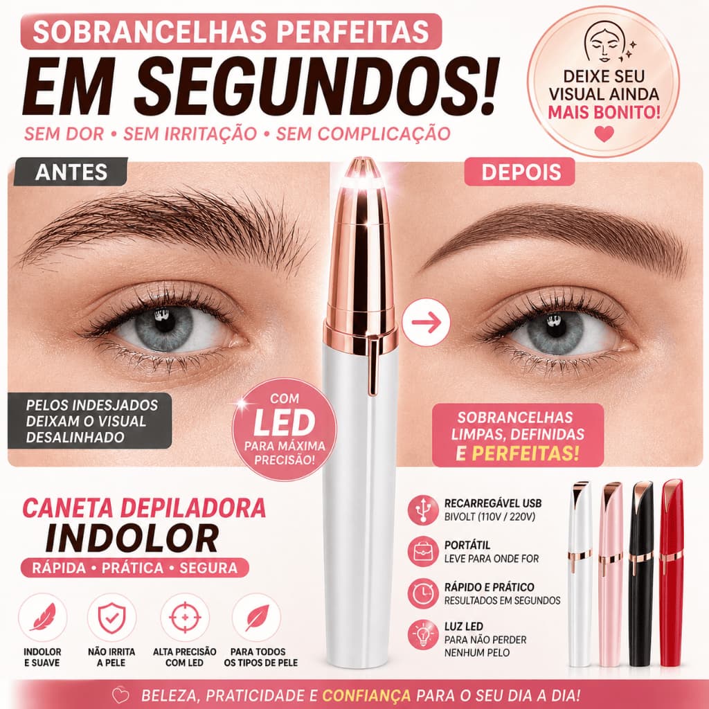Caneta Depiladora de Sobrancelha e Buço Recarregável Indolor Elétrico Portátil (Cores Sortidas)