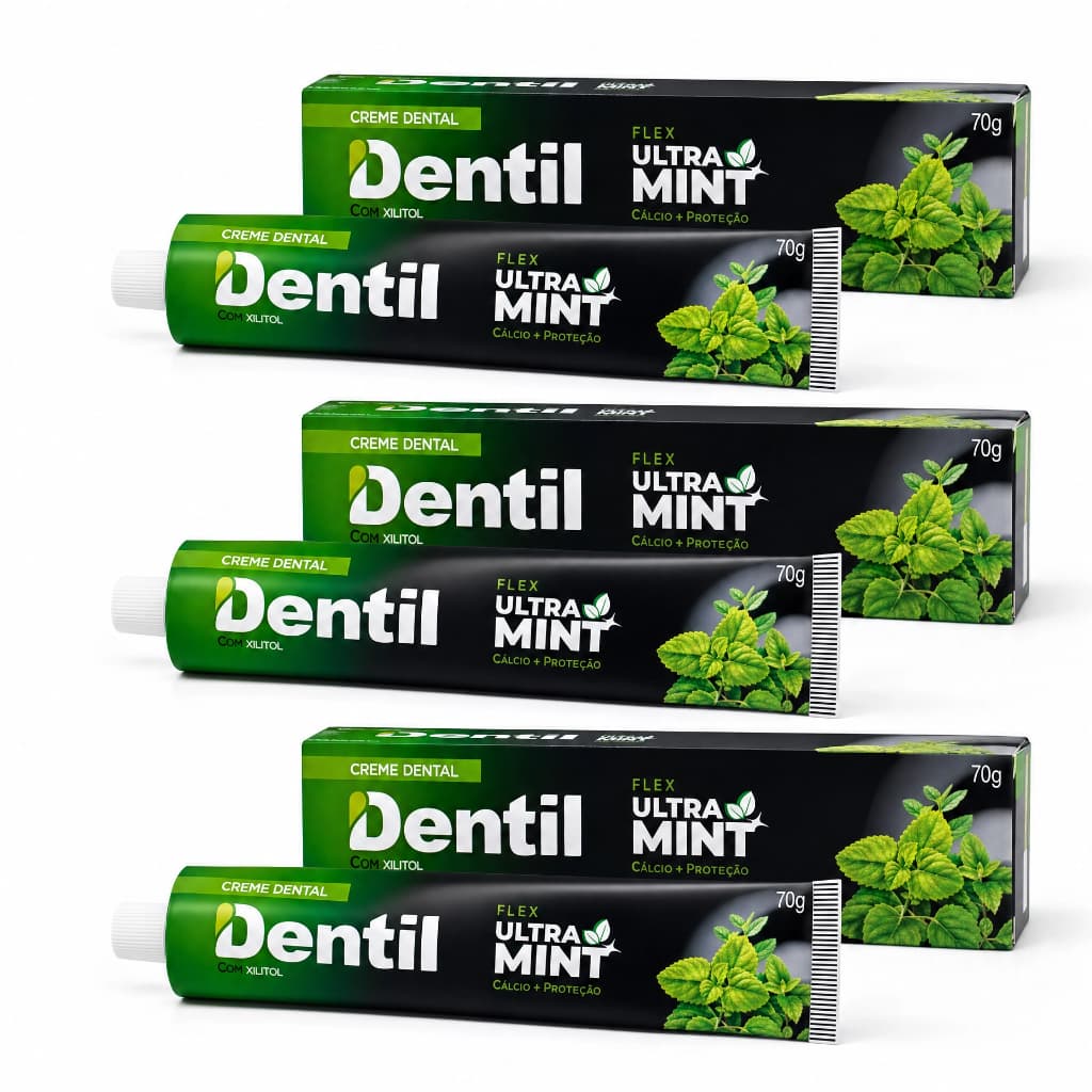 Kit Com 3 Cremes Dentais Dentil Ultra Mint com Xilitol Menta Refrescante Sem Flúor