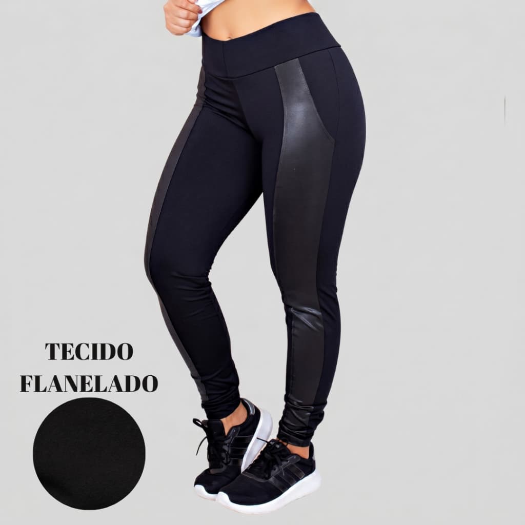 Calça Montaria Flanelada Feminina Legging Suplex Felpado Detalhe Cirre Couro Fake Moda Inverno