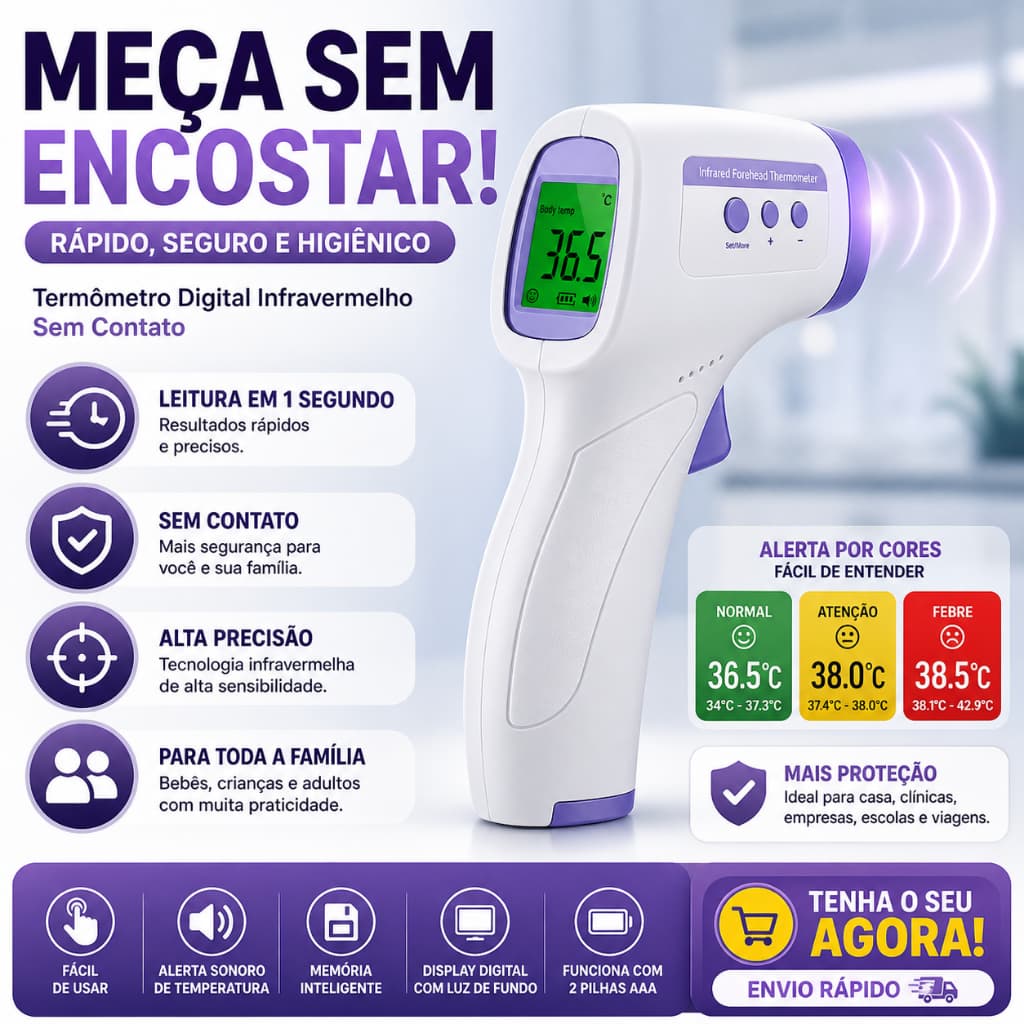 Termômetro Digital Infravermelho Sem Contato Display LED Medidor de Temperatura Corporal Febre