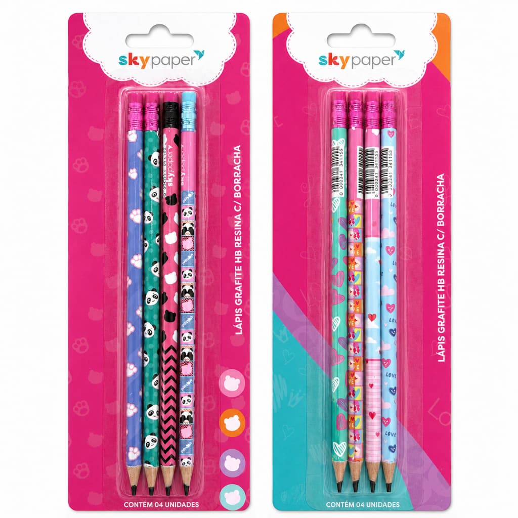 Kit de Lápis de escrever - SkyPaper - 4 lápis com borracha - Menina fofo papelaria fofa