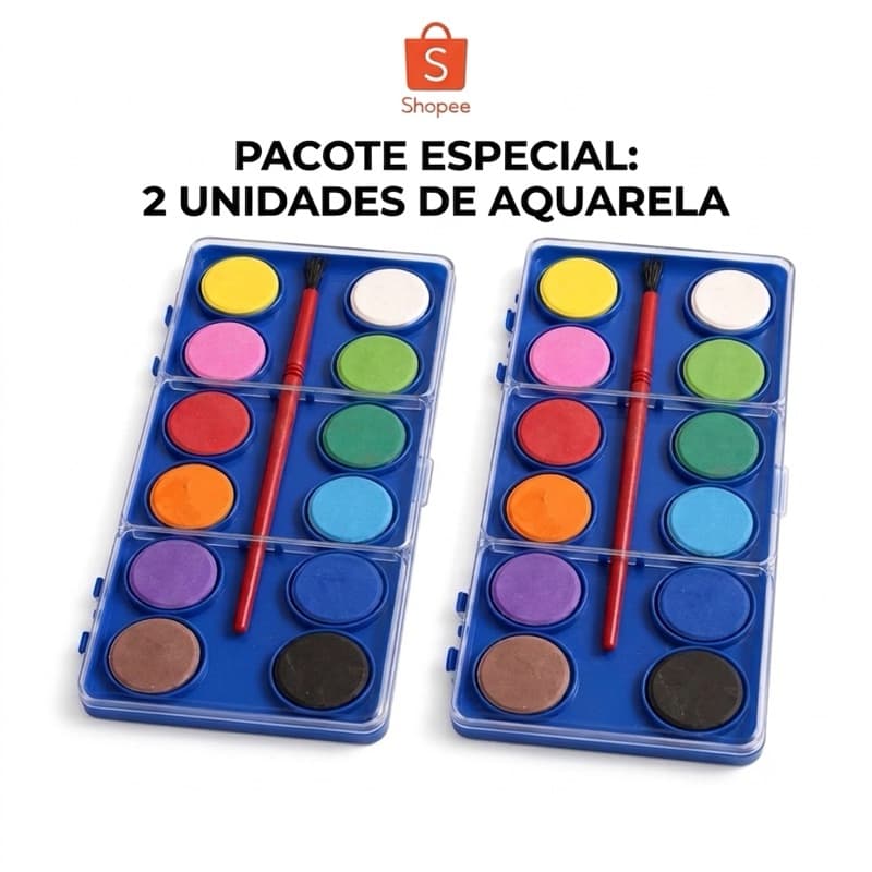 2 Tinta Aquarela Pastilha 12 Cores com Pincel Infantil Escolar Não Tóxica