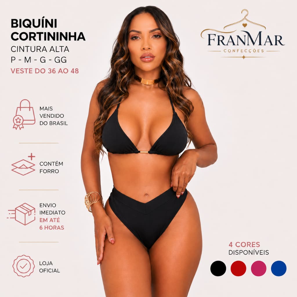 Biquíni EFEITO LIPO Top Cortininha Calcinha Asa Delta Cintura Alta de Cós PROMOÇÃO