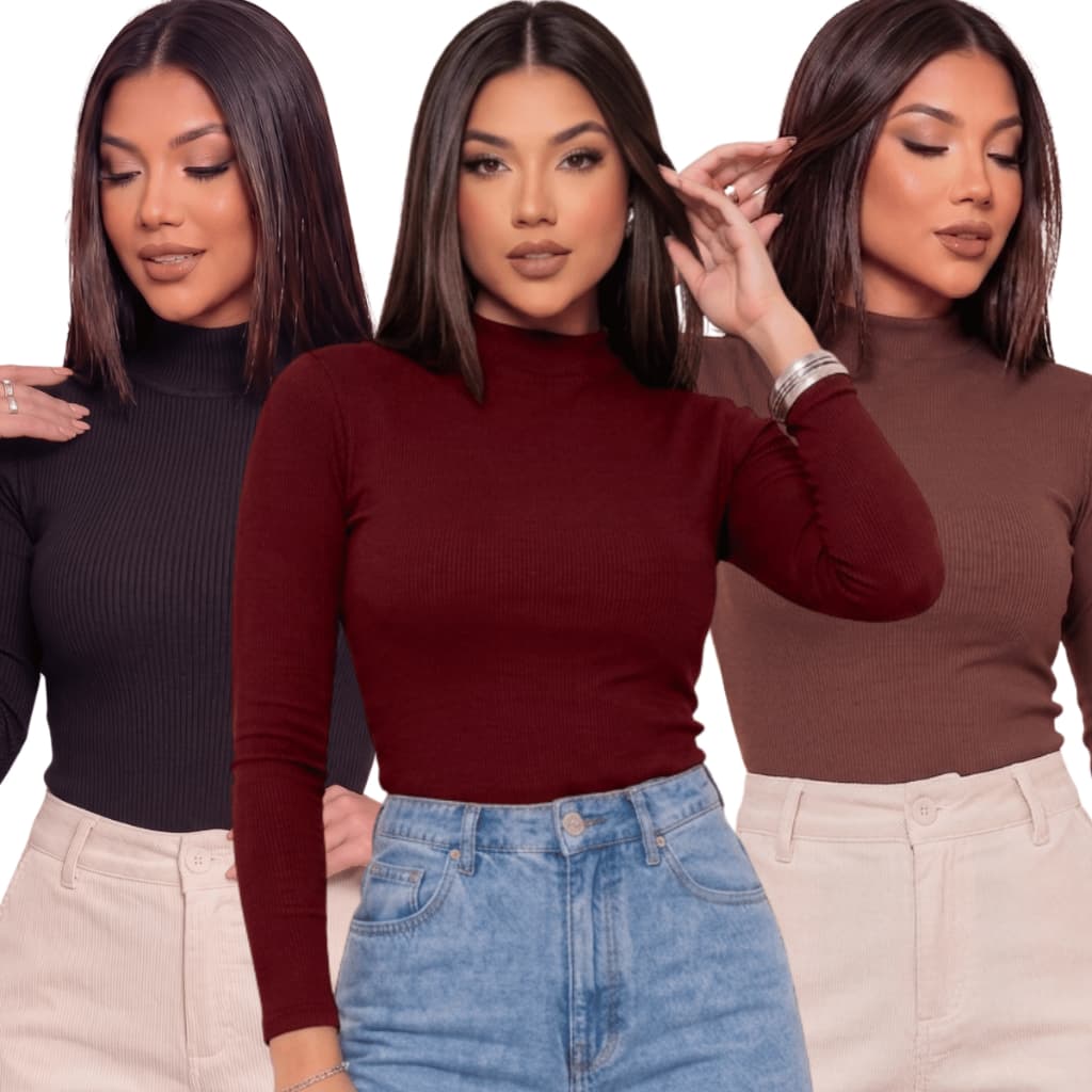 Blusa Feminina Básica Canelada Manga Longa Premium Gola Alta Invern
