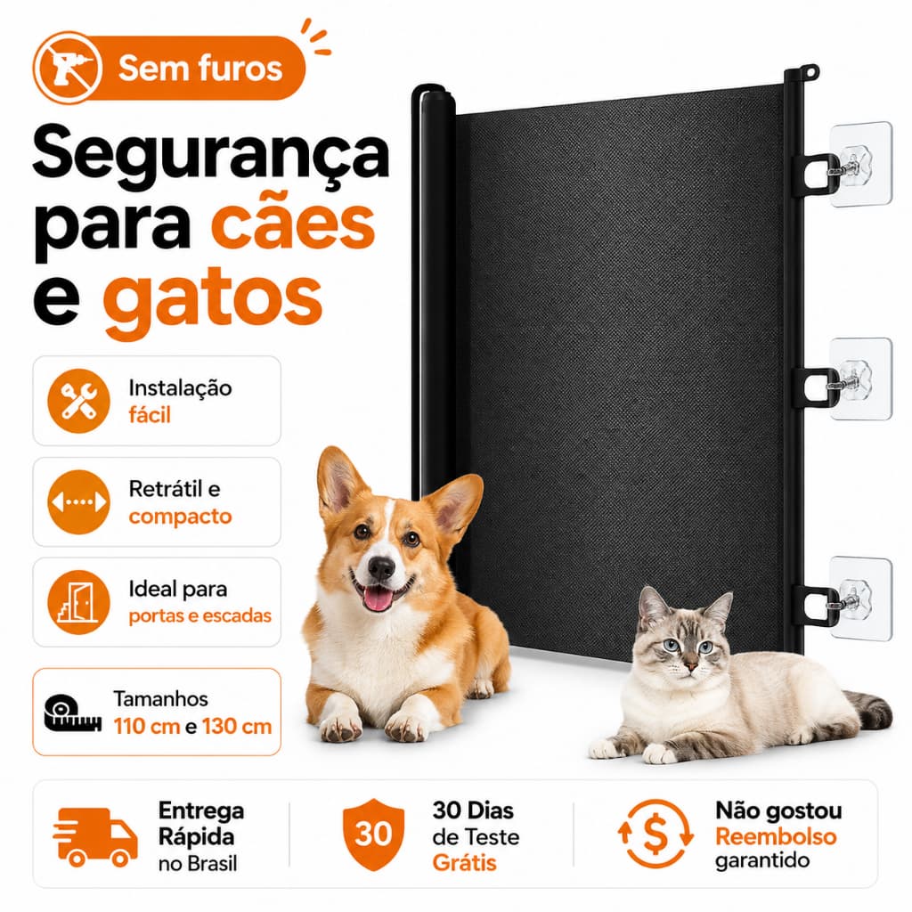 Portão Pet Retrátil Sem Furo Grade Segurança Cães Gatos Enrolável 78x110/130cm