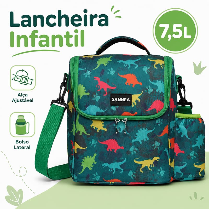 Lancheira Infantil Dinossauro 7,5L Bolsa Térmica Escolar com Alça Ajustável e Bolso Lateral
