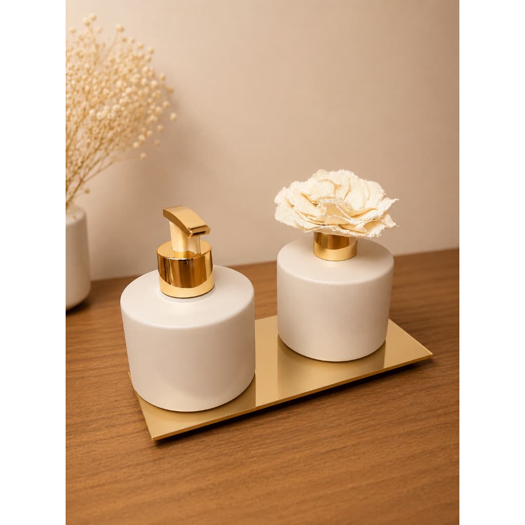 Kit Lavabo Luxo Vidro 4 Peças Difusor Saboneteira Bandeja Flor Difusora