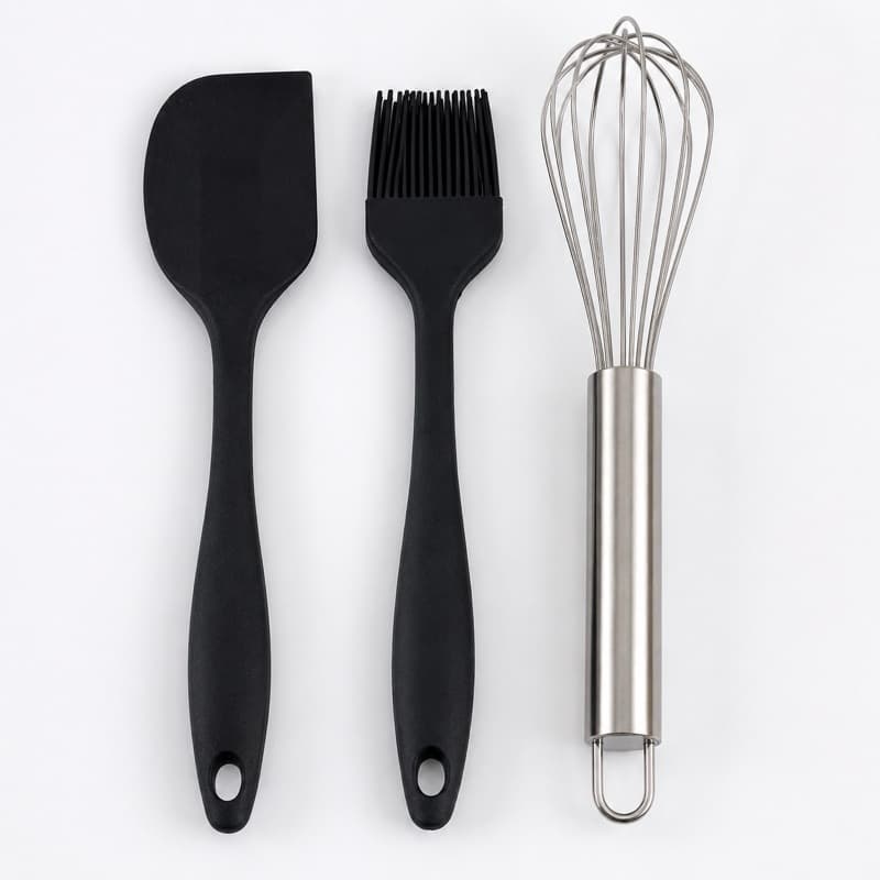 Kit Confeitaria Completo 3 Peças Espátula Silicone Pincel Culinário Fouet Inox