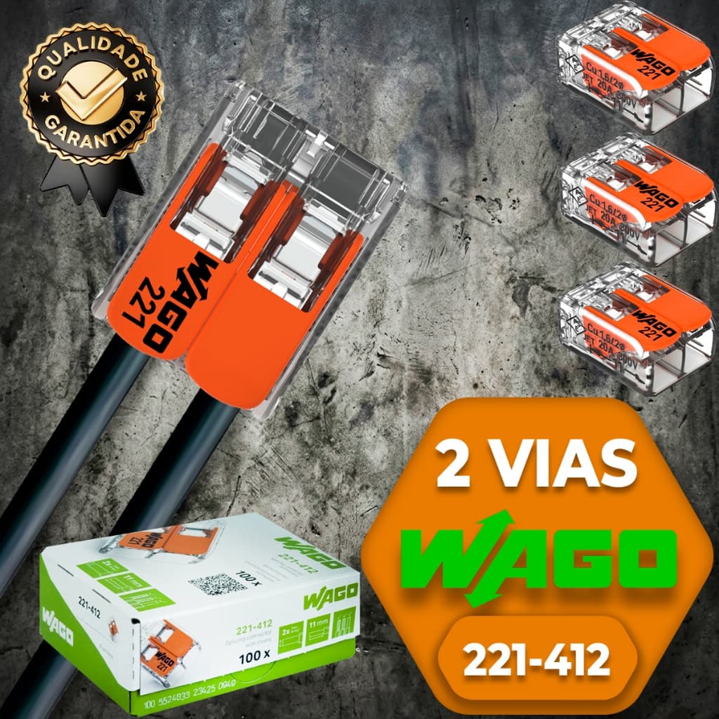 Kit 3, 5, 8, 10, 12, 15, 20 peças conector Wago 221-412 emenda 2 polos 4mm² conexão automática