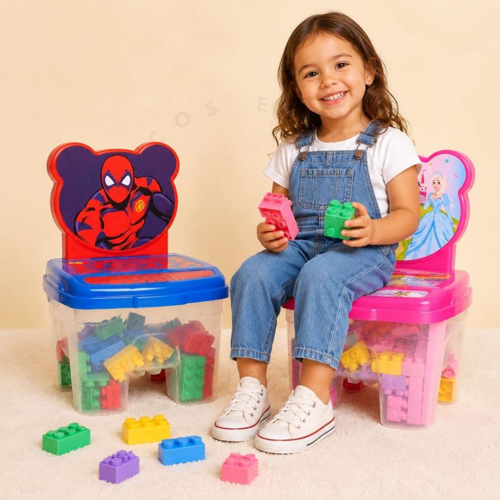 Cadeira Infantil 2 Em 1 Blocos de Montar Grandes Educativo Princesas Homem Aranha 24 OU 48 Peças Encaixe