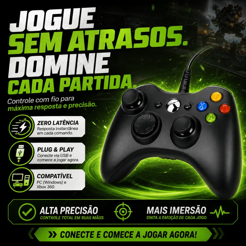 Controle Xbox 360 Com Fio USB Para PC Windows e Xbox 360 Com Vibração Plug Play Gamer