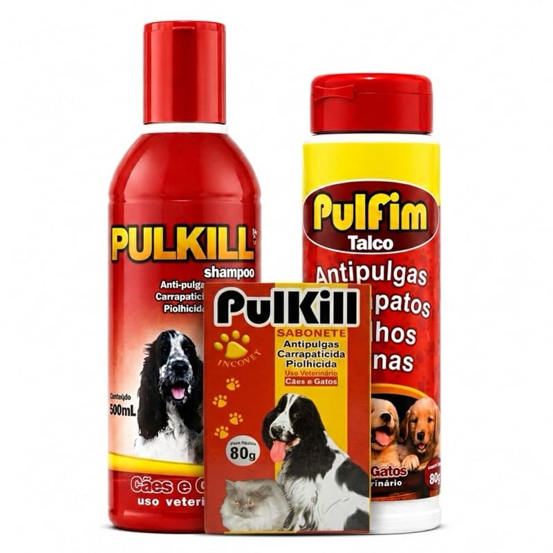 Kit Antipulgas e Carrapatos Cães e Gatos Shampoo 250ml + Talco 80g + Sabonete 80g