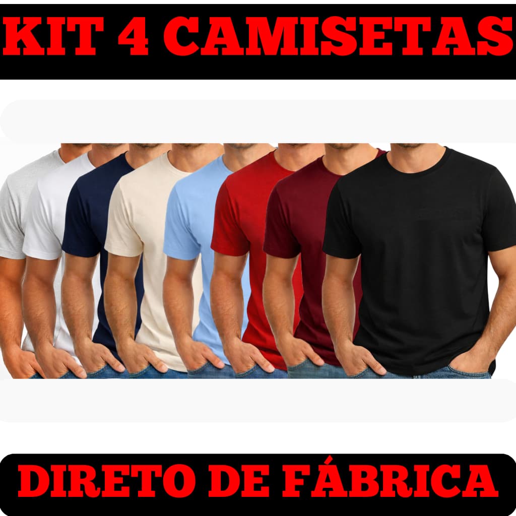 KIT 4 CAMISETAS MASCULINAS 100% ALGODÃO - CAMISA LISA PREMIUM