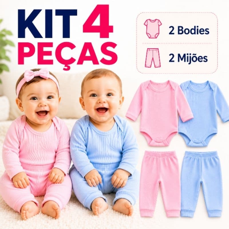 Kit 4 Peças Bebê Pagão Canelado Algodão 2 Body Manga Longa 2 Mijão Inverno Menino Menina