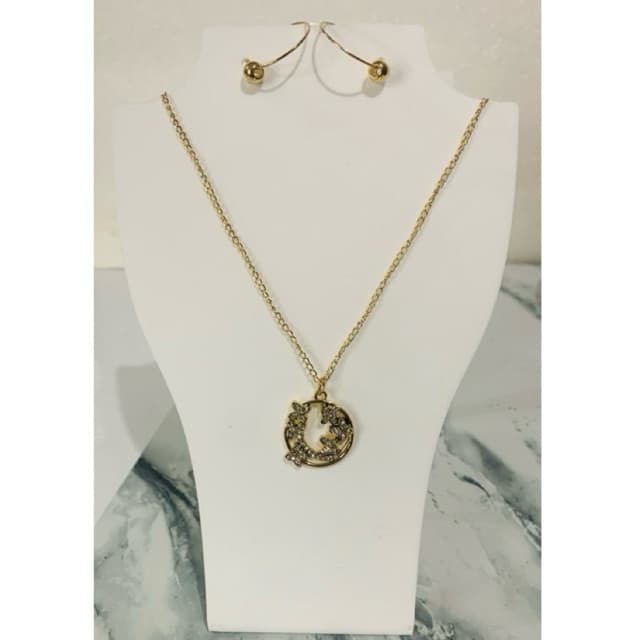 Conjunto Feminino Colar 6 Borboletas Cravejadas Strass + Brincos Esfera Dourado