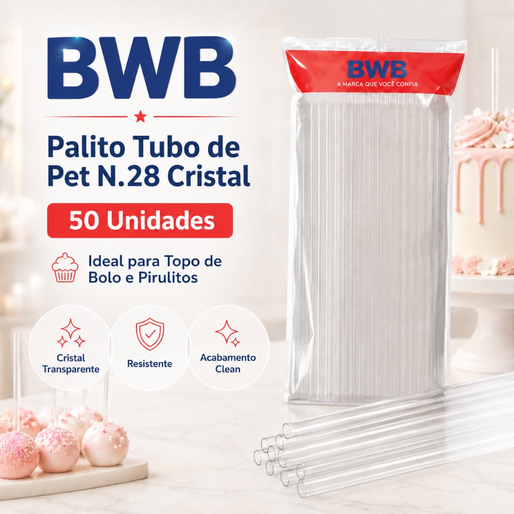 BWB 50 Palitos Para Pirulito Nº28 Tubo Pet Topo Topper de Bolo Chocolate Confeitaria Artesanato Vela