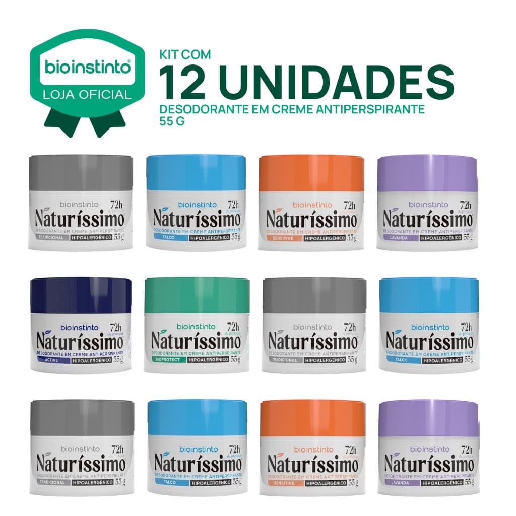kit 12 Naturíssimo Desodorante em Creme Antitranspirante 55g Bio Instinto Não Mancha 72h de Proteção