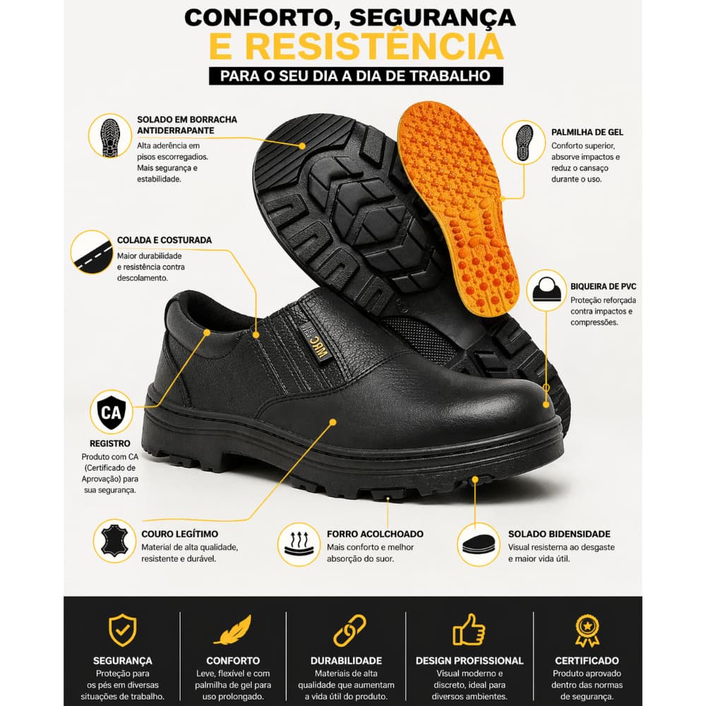 Sapato  Segurança Unissex Couro Legítimo EPI Bico PVC  C.A 42148 PALMILHA DE GEL ORTOPEDICA BICO PVC