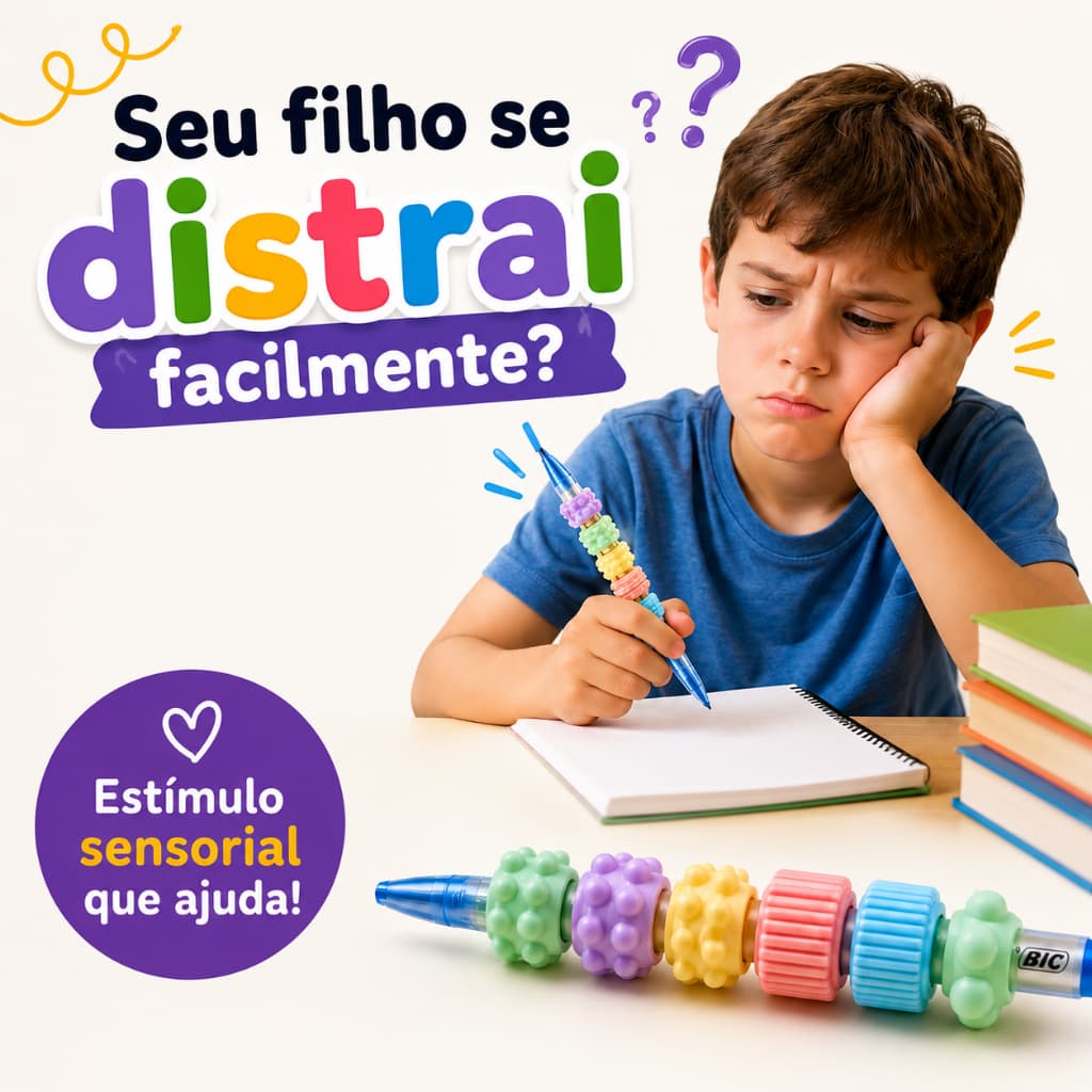 Kit 4 Peças Acessório Sensorial Fidget para Caneta e Lápis Infantil Foco Concentração Escolar