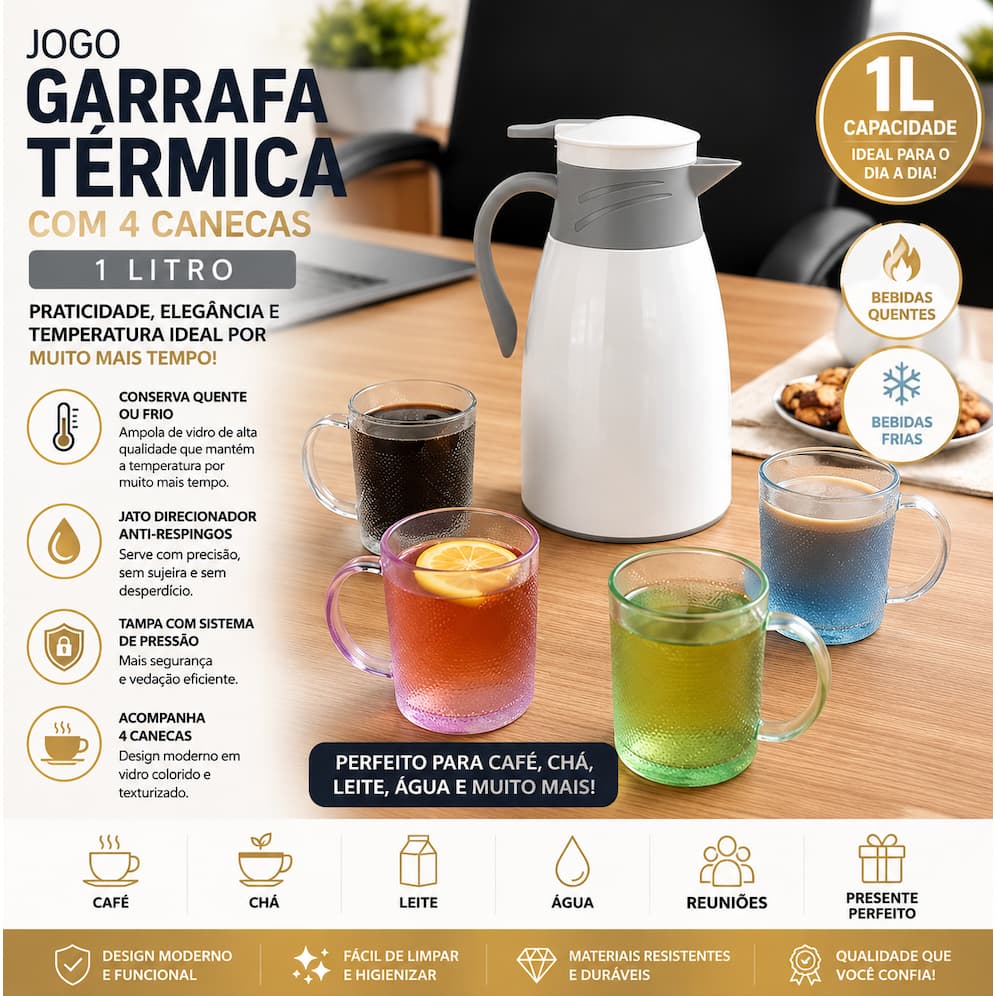 Jogo Garrafa Térmica Café Chá 1 Litro Com 4 Canecas Victoria Kit Completo