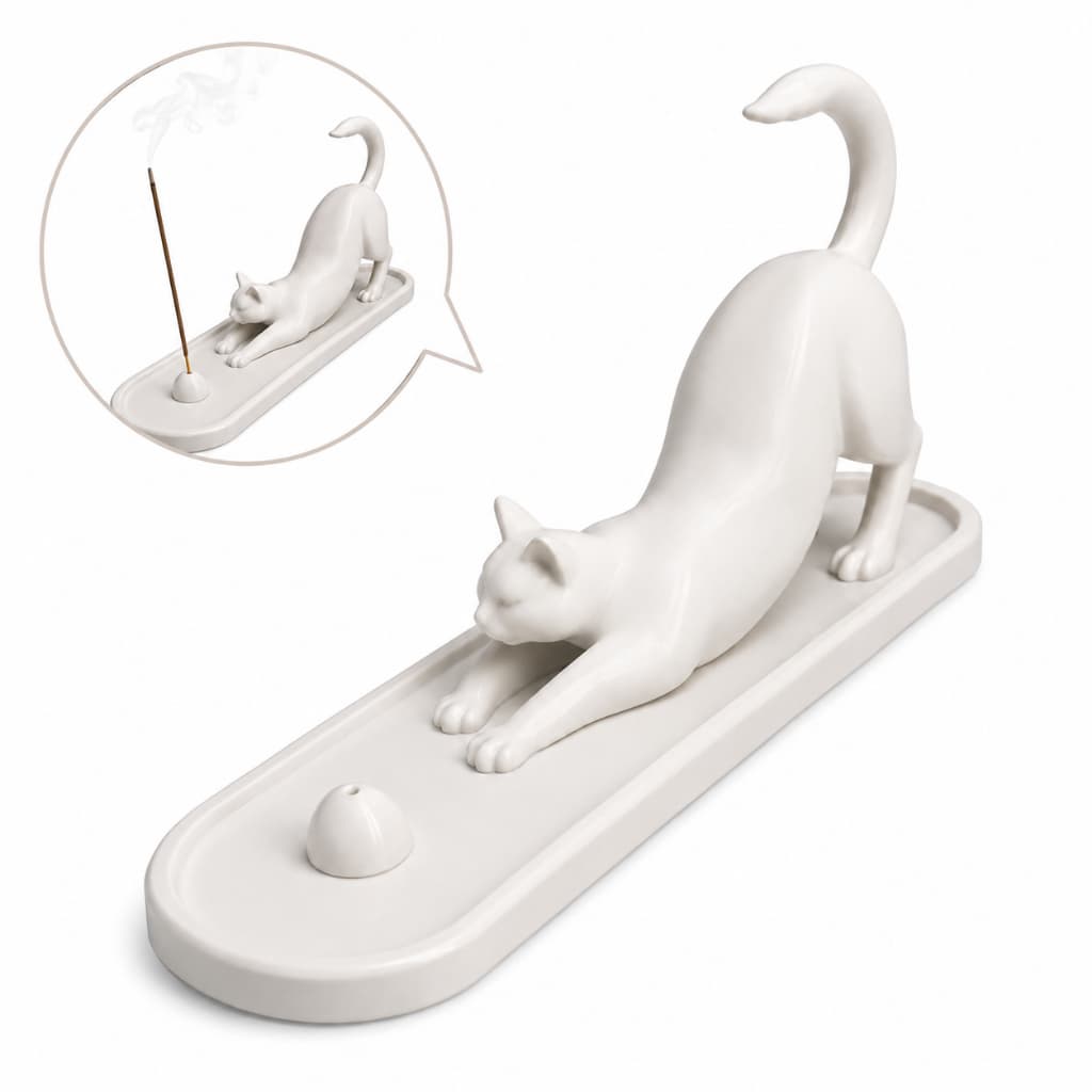 Queimador de Incenso Gato Decorativo Branco/Preto Minimalista P/ Sala Escritório Zen, Porta Incenso Queimador Incensário