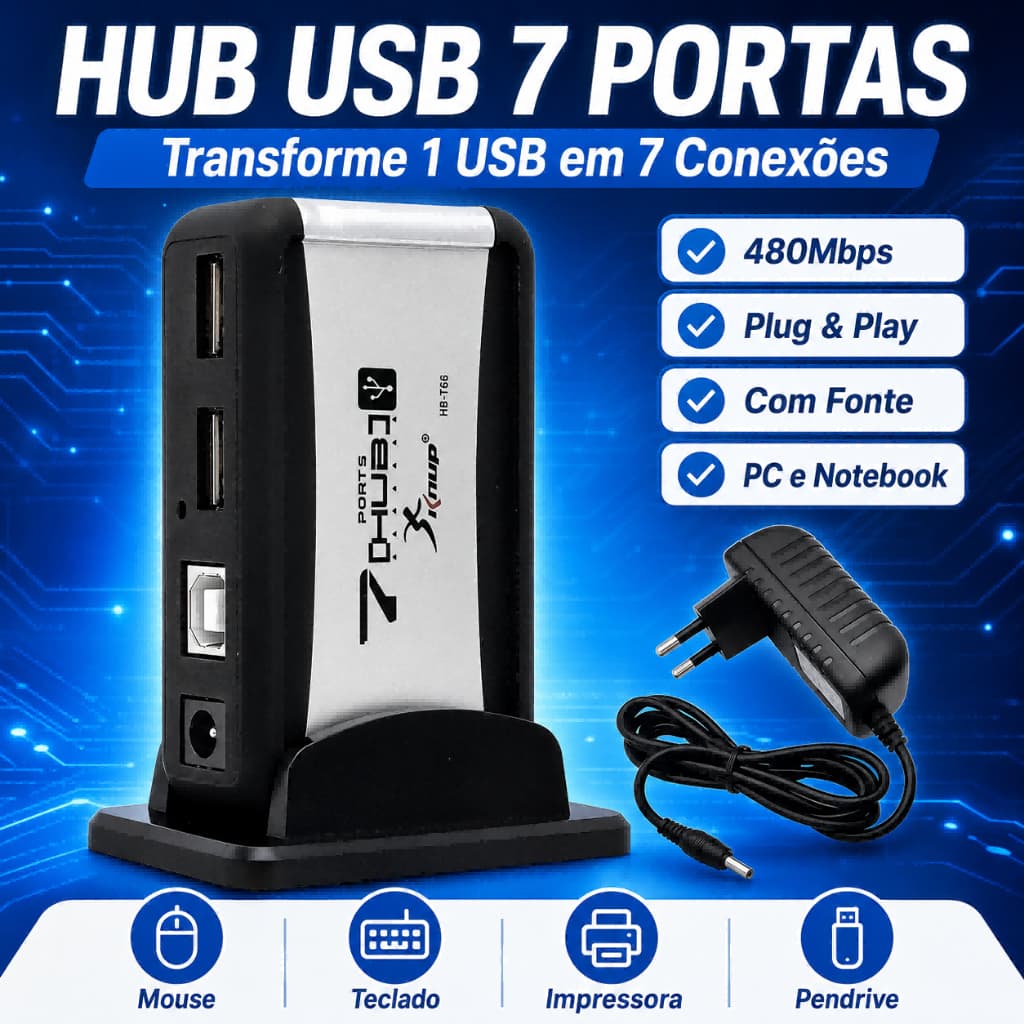 Hub USB 2.0 KNUP 7 Portas Com Fonte Bivolt Extensor USB Para Notebook Computador 480Mbps
