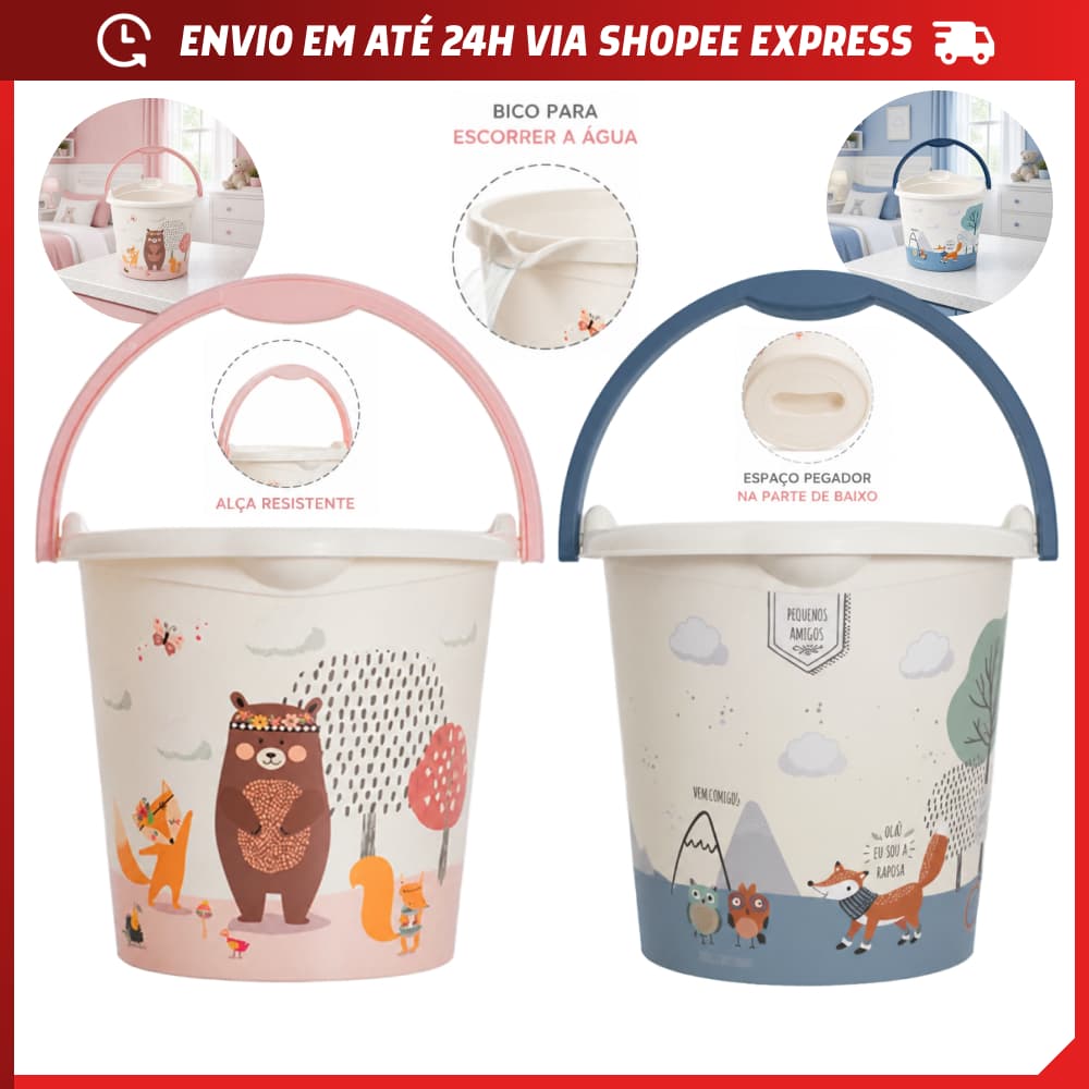 Balde 8 Litros Infantil Organizador com Alça Bico de Escorrer Água BPA FREE Ajuda no Banho Multiuso