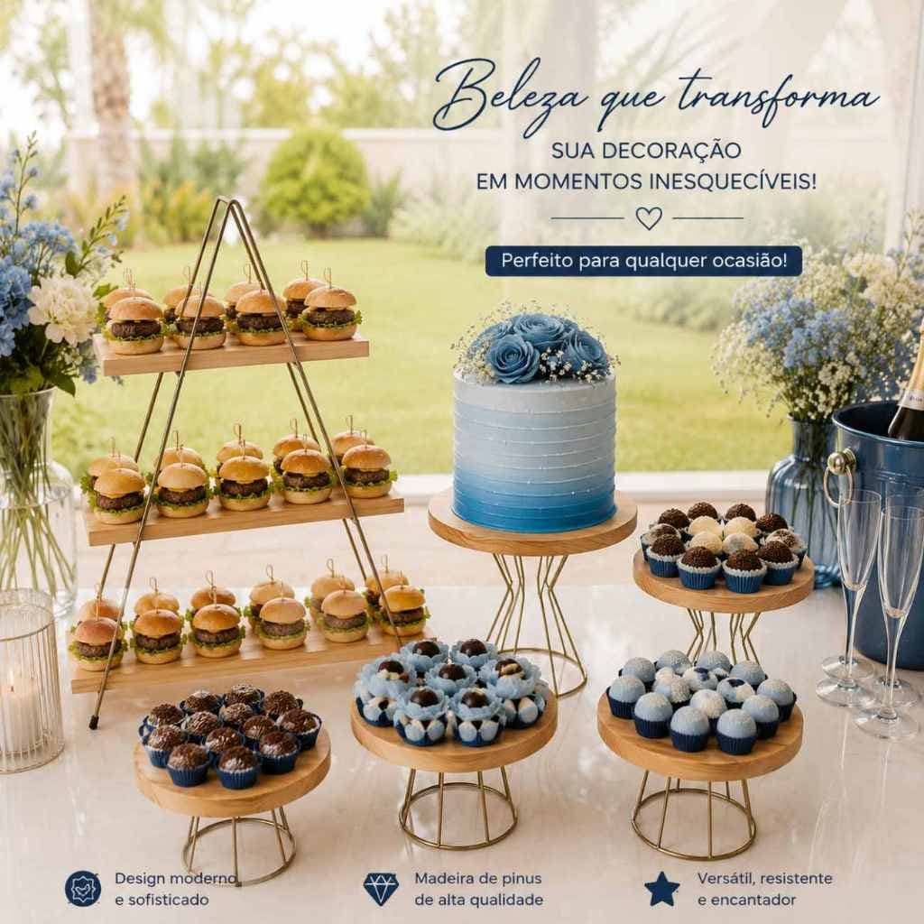 Kit Expositor de Doces Boleira 5 Peças + Escadinha Decoração Festa Suporte