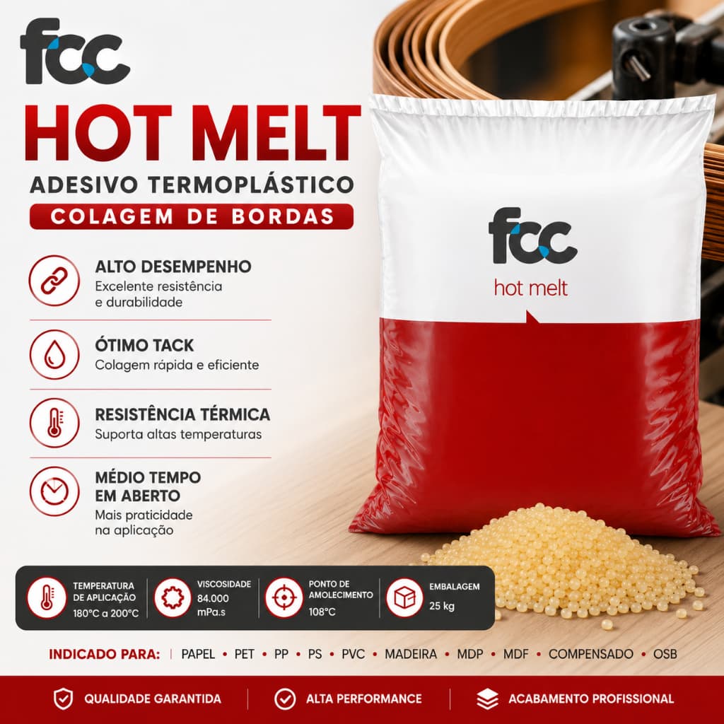 Cola Hot Melt Granulada Industrial FCC Quimica Alta Temperatura 180 a 200 Graus Transparente Branca