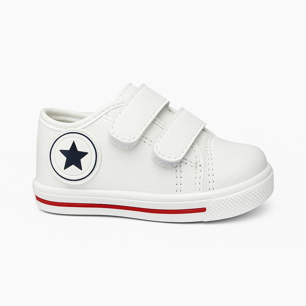 Tênis Infantil Branco All com Velcro Estrela Leve Flexível Antiderrapante Bebê Criança Menino Menina