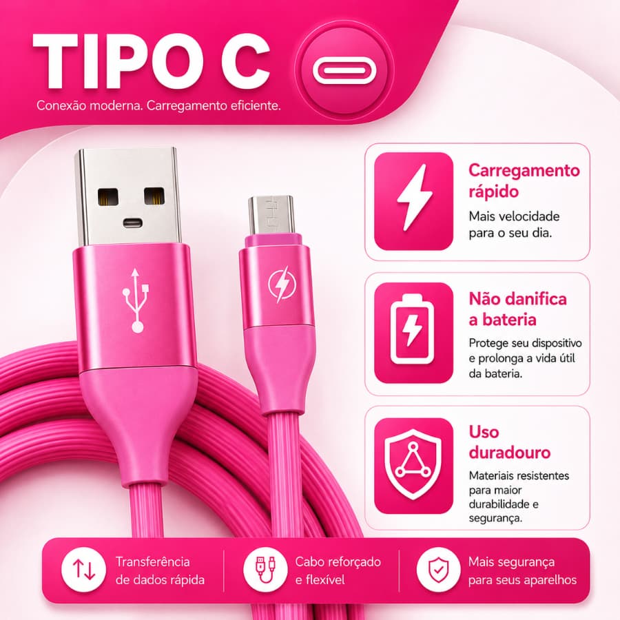 Cabo Carregador USB TIPO-C 2 Metros ROSA Emborrachado Resistente Flexível Celular Tablet Notebook
