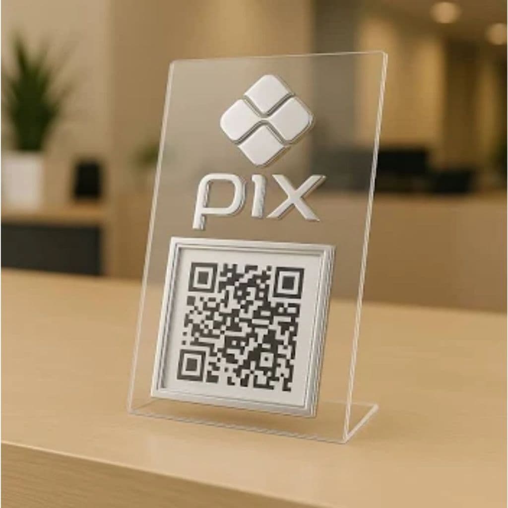 Placa Pix Acrílico Transparente Espelhado Display de Mesa para Balcão