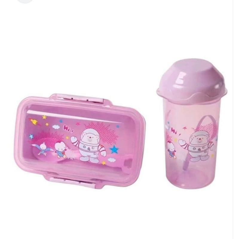 Kit Lancheira Infantil Rosa com Copo Decorado Ursinho Astronauta – Porta Lanche + Copo com Tampa