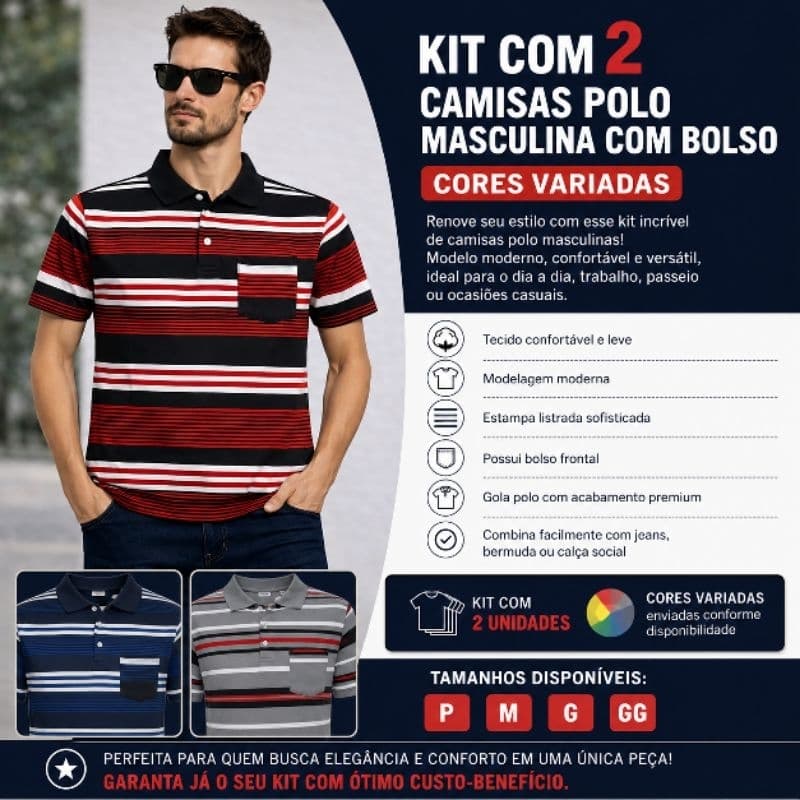 Kit 2 Camisa gola polo masculina com bolso listrada de algodão