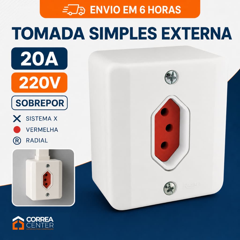 Tomada Sobrepor Externa 20A 220V Vermelha 2P+T 3 Pinos Sistema X Radial Parede Industrial Simples