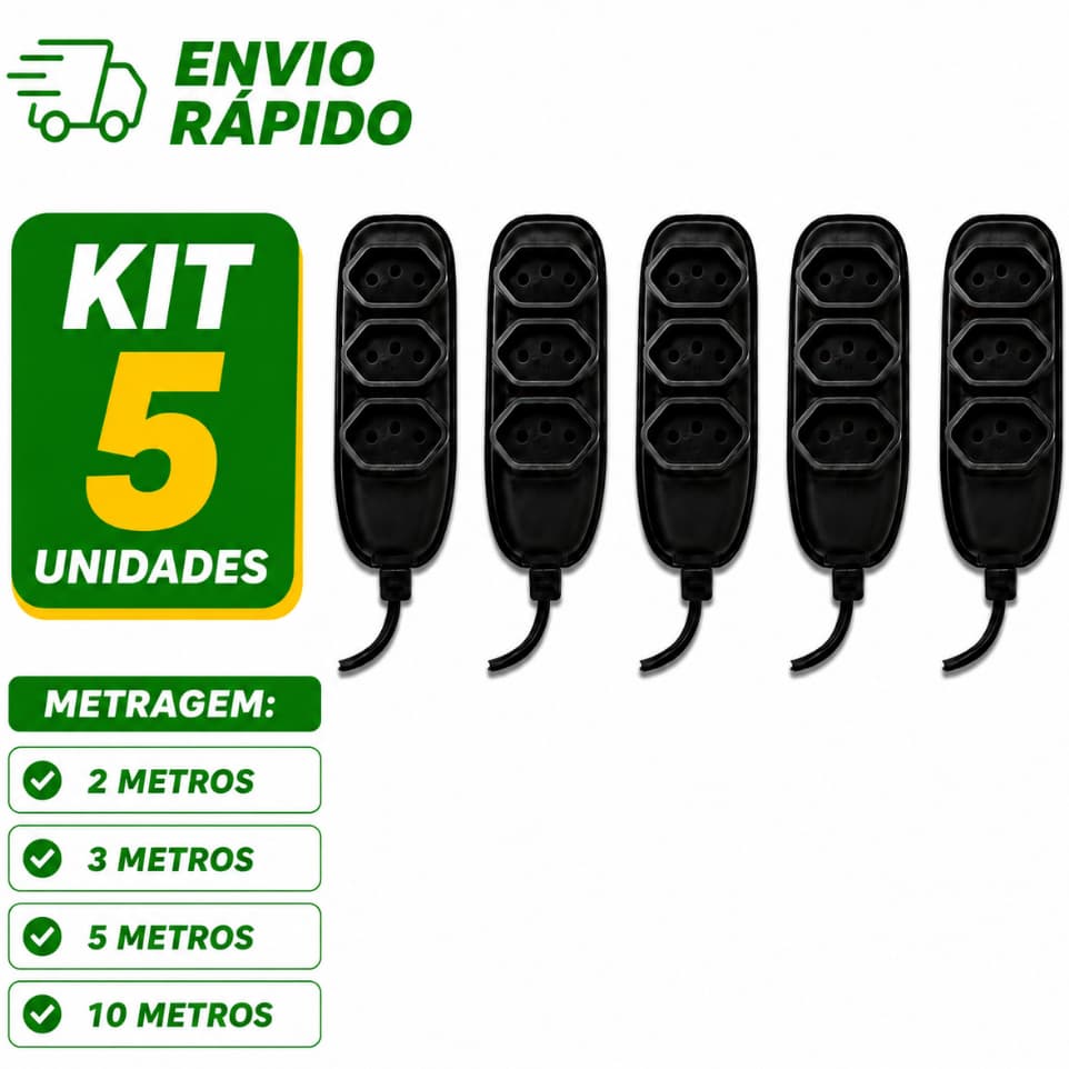 Kit 5 Extensão Elétrica Bivolt 2m 3m 5m 10m 10A Tripolar 3 Tomadas Padrão Brasileiro 110/220V Reforçada