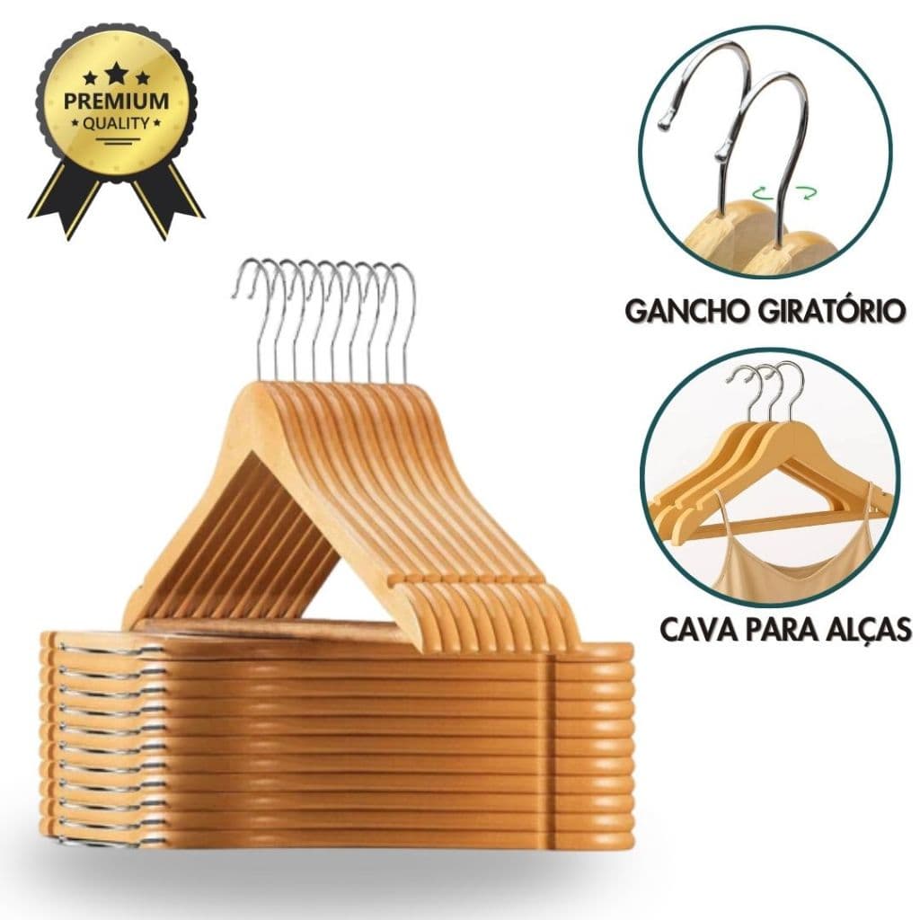 30 Cabides Madeira Premium Marfim Verniz Adulto para Calças Vestidos Blusas Casa Lojas Profissionais