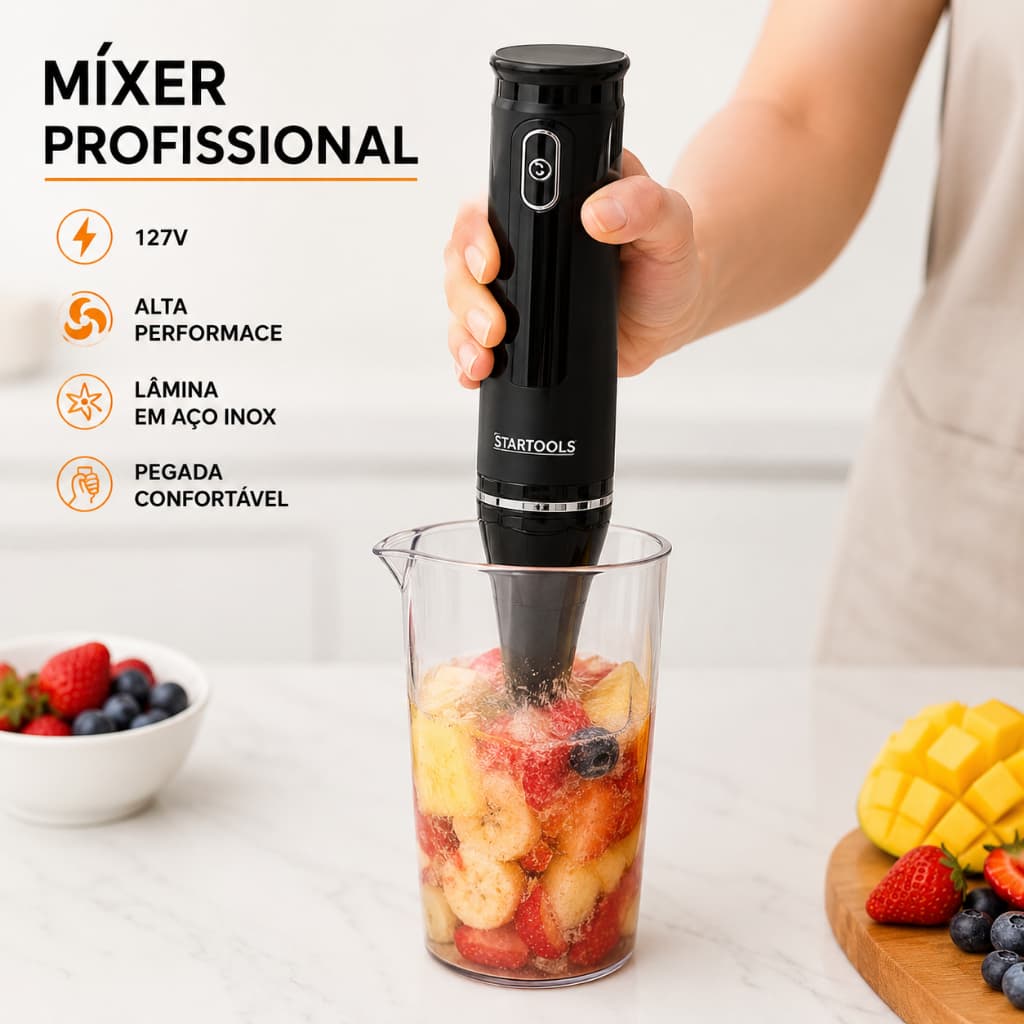 Mixer Elétrico 127V com Copo 700ml | Mixer de Mão Inox para Suco, Vitamina, Whey e Molhos