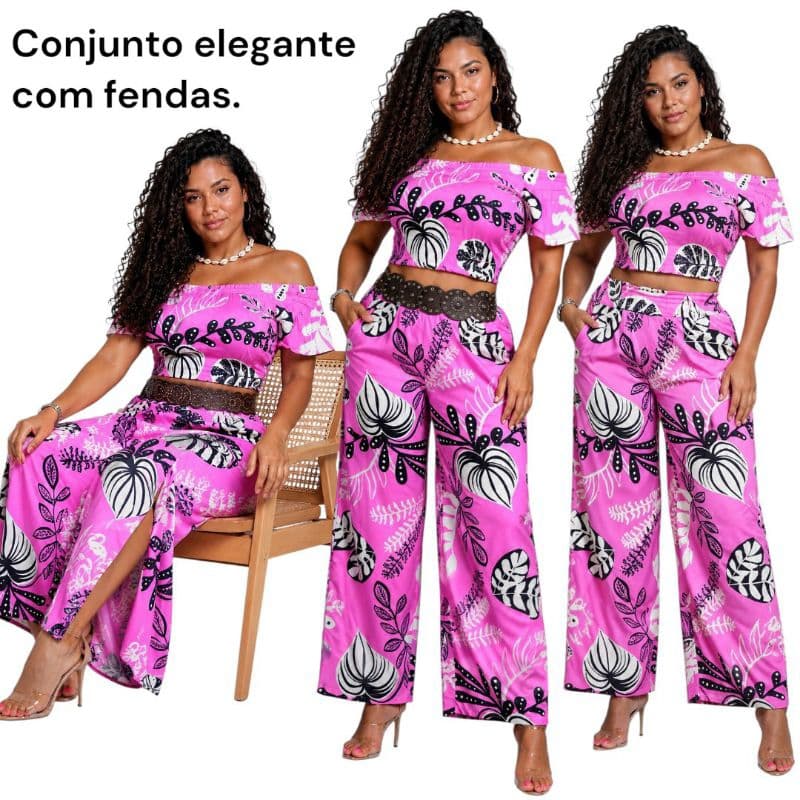 CONJUNTO PANTALONA COM FENDAS LÁSTEX NA BLUSA E NO CÓS DA CALÇA.BLUSA OMBRO A OMBRO TECIDO CONFORTÁVEL.CONJUNTO ROSA