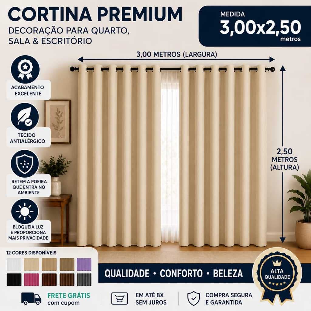 Cortina 3,00 metros para Sala, Quarto e Escritório, Para varão 2,50, Ótimo Caimento, 3,00x2,50