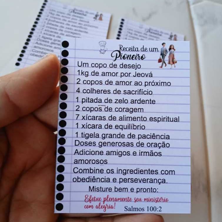 CARTÃO PRESENTE - RECEITA PARA UM BOM PIONEIRO - LEMBRANCINHA PARA PIONEREIROS JW